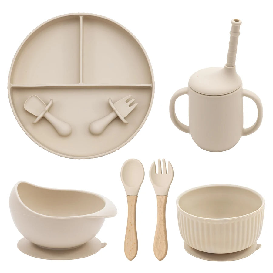 Baby Silicone Feeding Set Non-Slip Suction Plate Bowl Cup With Utensils