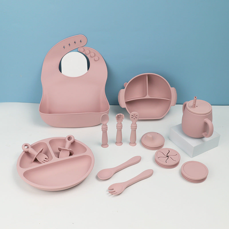 Silicone Baby Feeding Tableware Set With Bib Bowl Spoon Plate