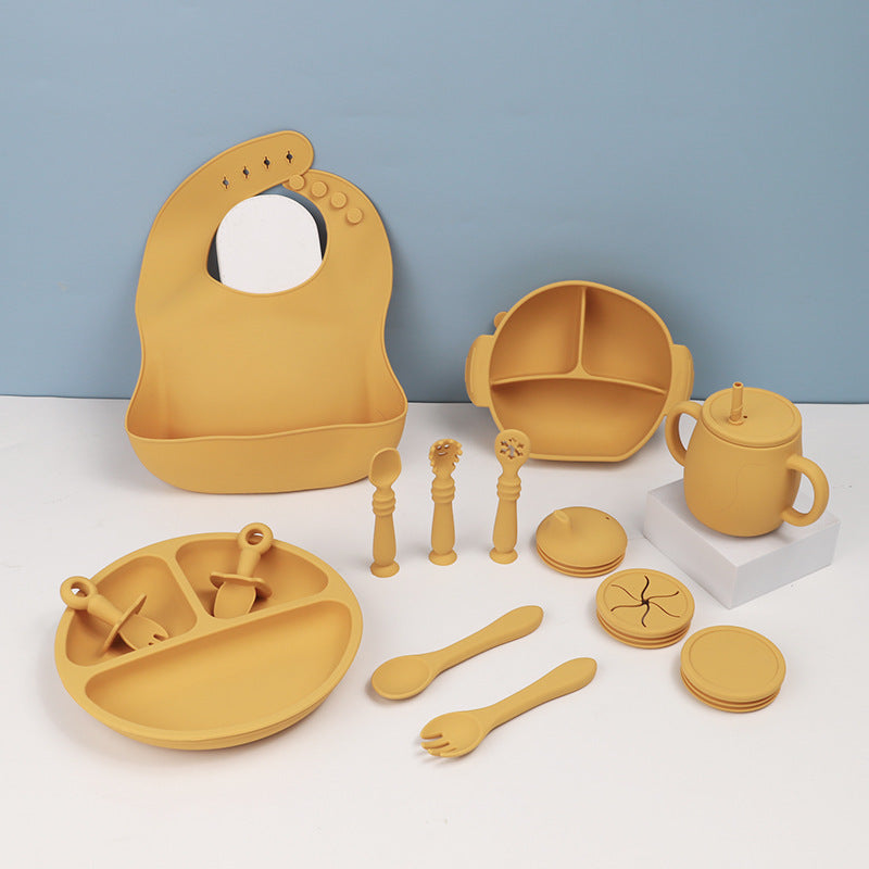 Silicone Baby Feeding Tableware Set With Bib Bowl Spoon Plate
