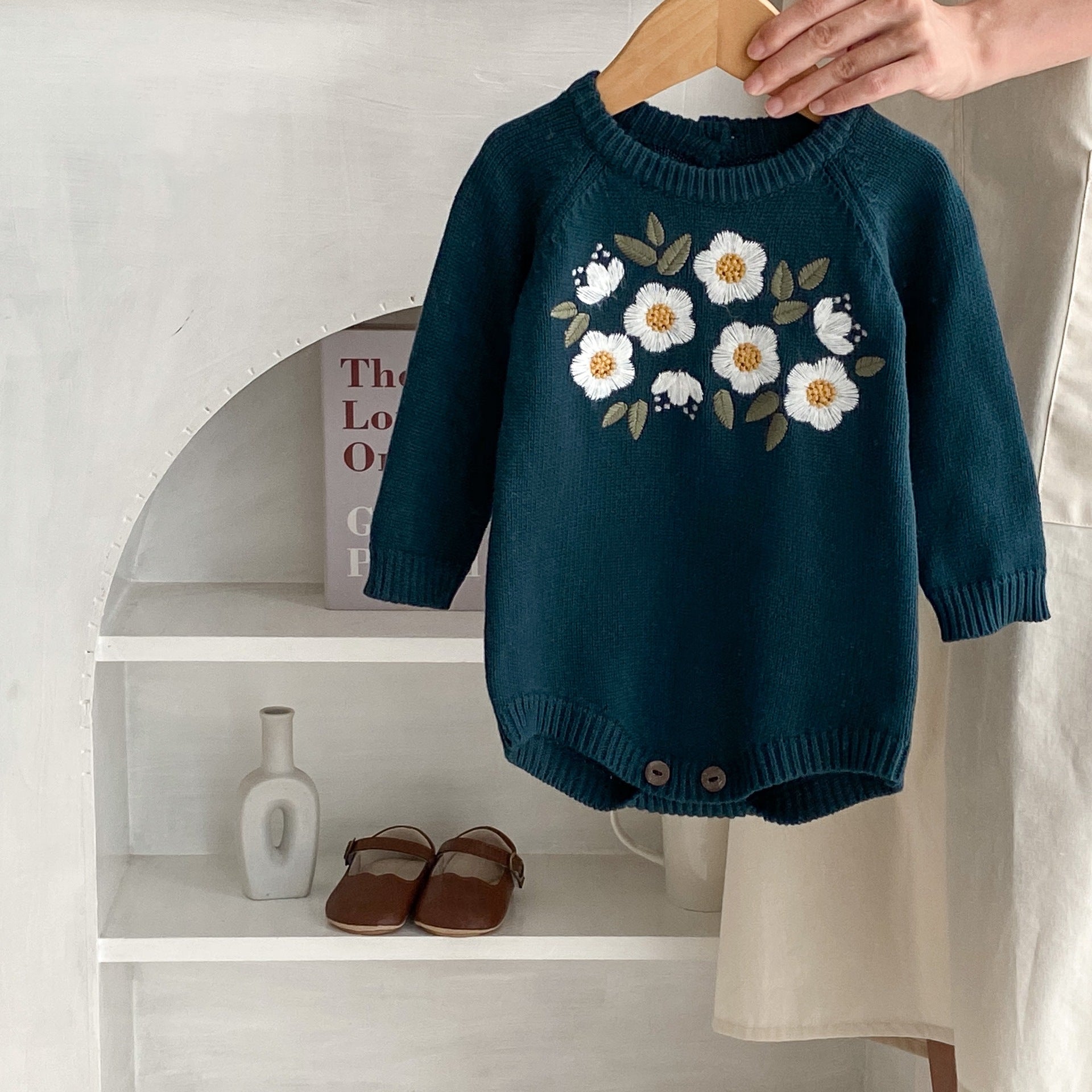 Baby Girl Dark Green Embroidered Long-Sleeve Romper