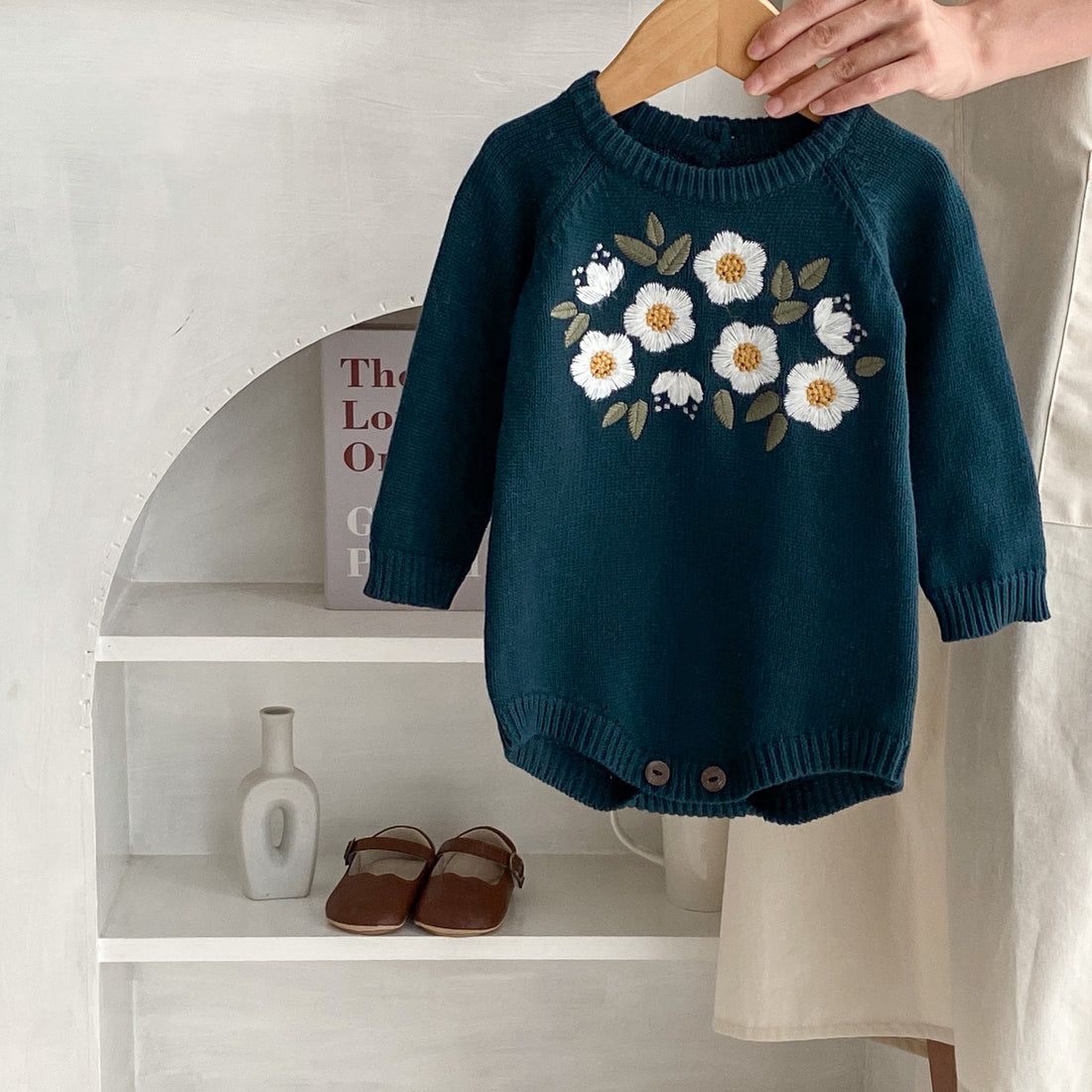 Baby Girl Dark Green Embroidered Long-Sleeve Romper