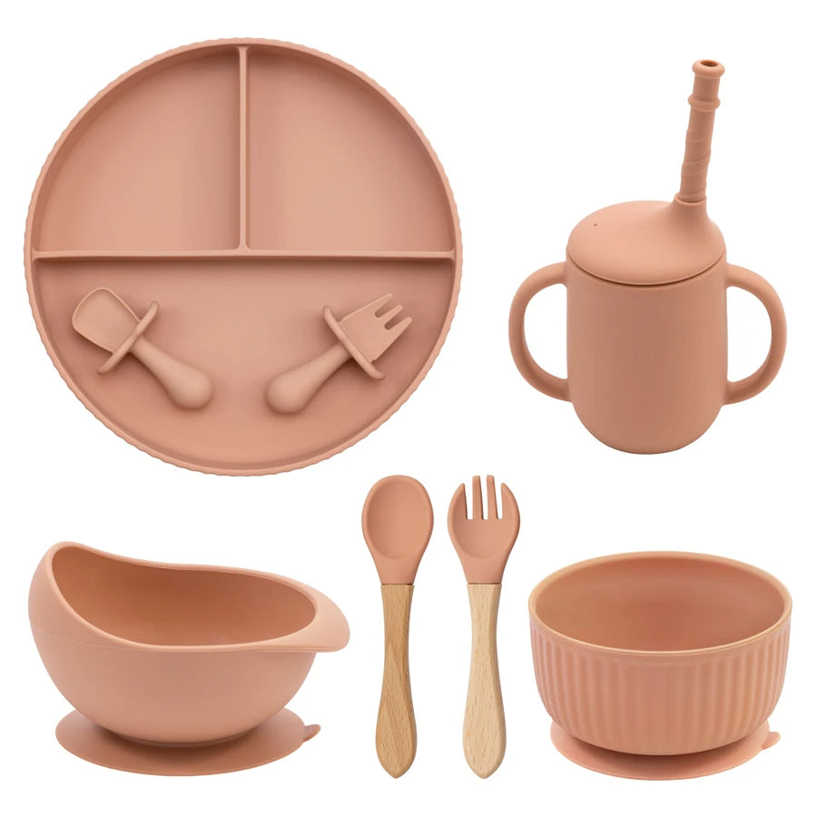 Baby Silicone Feeding Set Non-Slip Suction Plate Bowl Cup With Utensils
