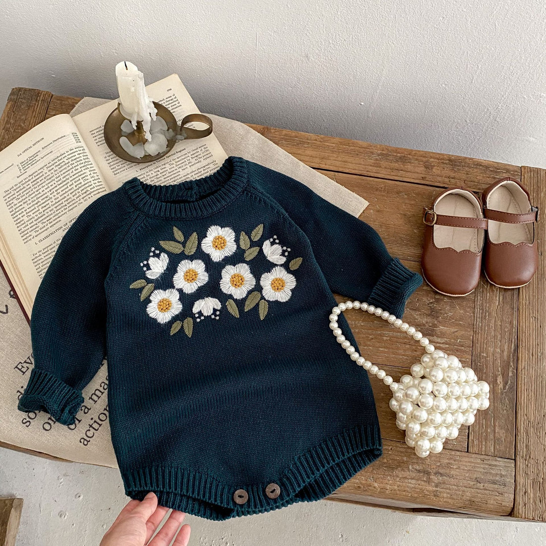 Baby Girl Dark Green Embroidered Long-Sleeve Romper