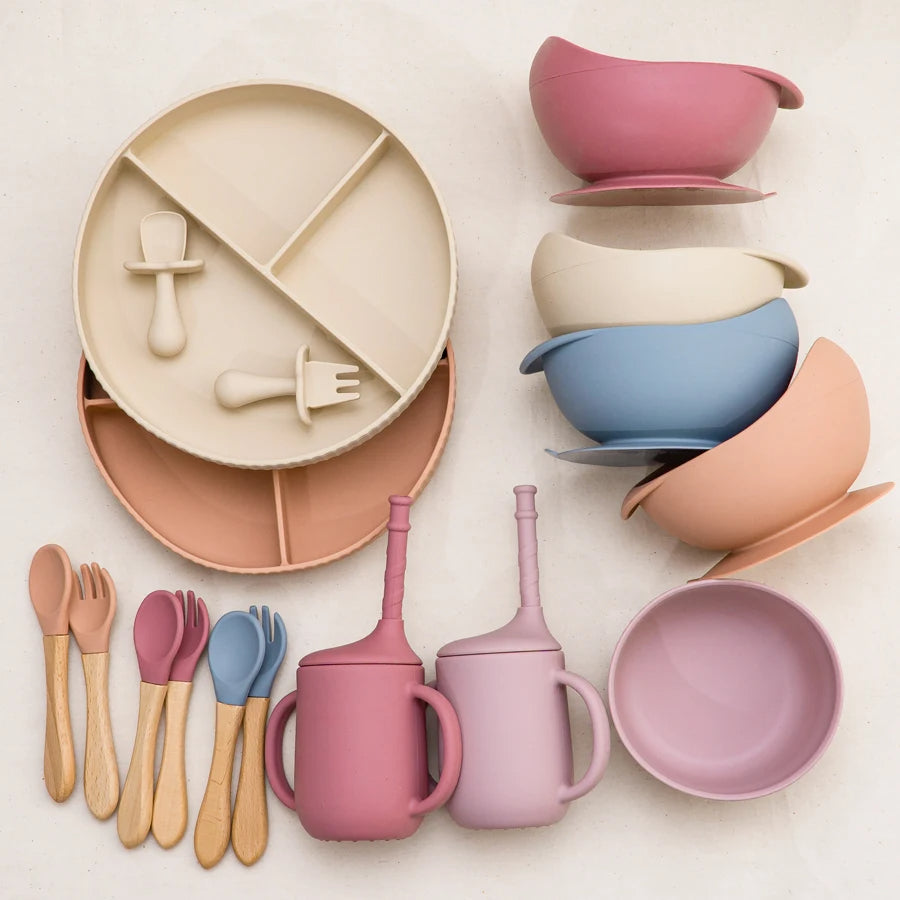 Baby Silicone Feeding Set Non-Slip Suction Plate Bowl Cup With Utensils