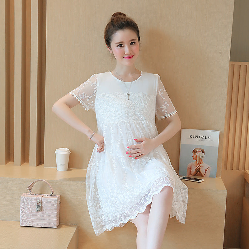 Summer Maternity Lace Crochet Floral Long Dress