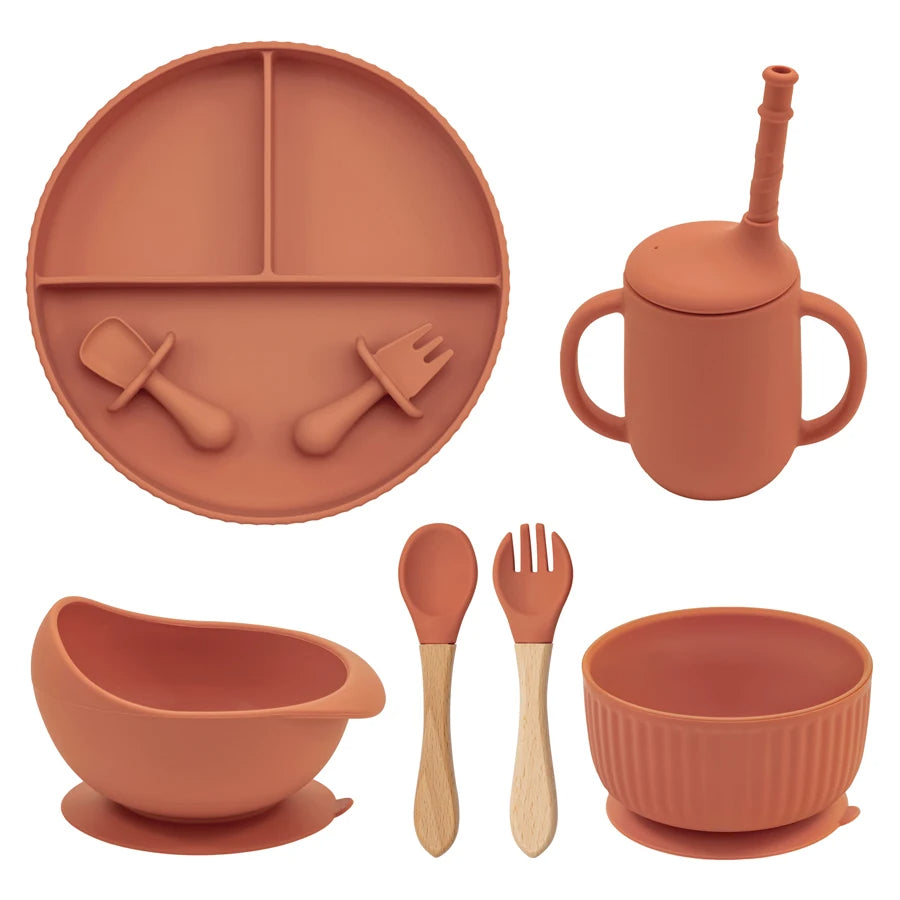 Baby Silicone Feeding Set Non-Slip Suction Plate Bowl Cup With Utensils