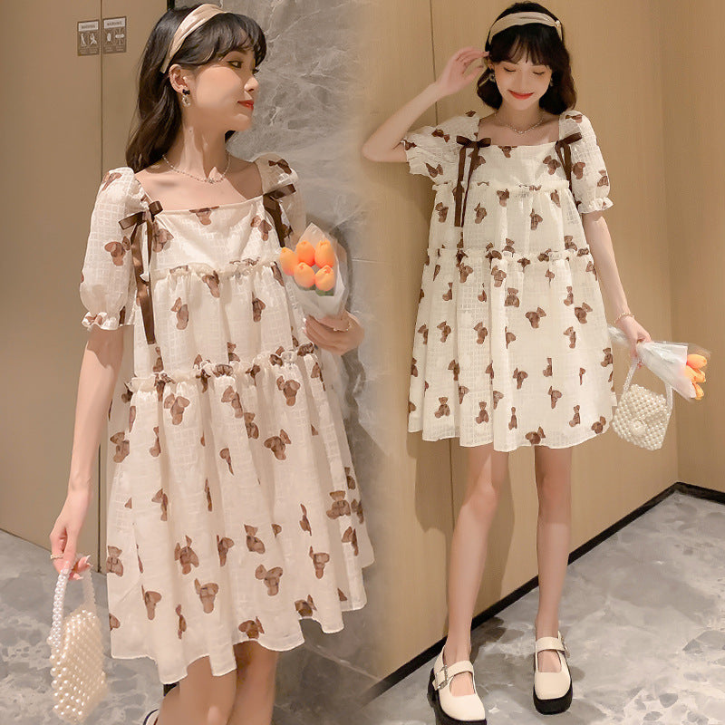 Maternity Dress Thin Chiffon Print Loose Dress Mid-length Maternity Dress