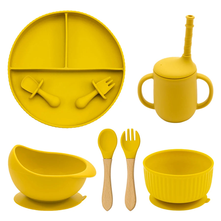 Baby Silicone Feeding Set Non-Slip Suction Plate Bowl Cup With Utensils