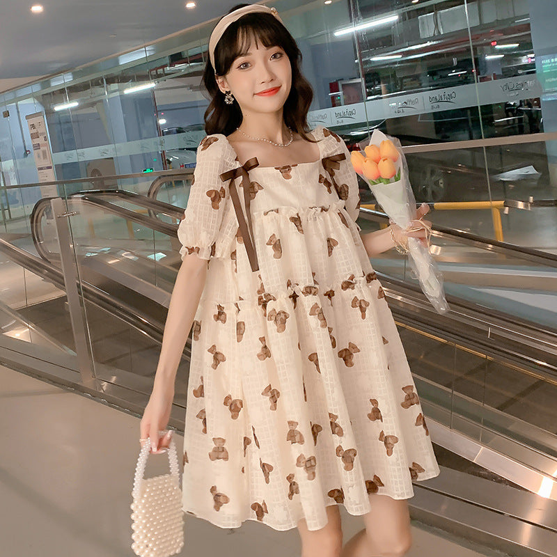 Maternity Dress Thin Chiffon Print Loose Dress Mid-length Maternity Dress