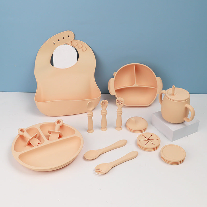 Silicone Baby Feeding Tableware Set With Bib Bowl Spoon Plate