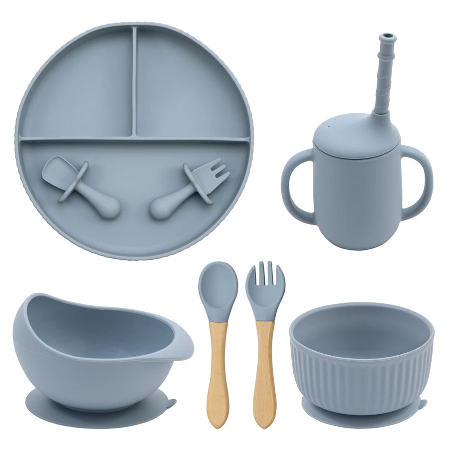 Baby Silicone Feeding Set Non-Slip Suction Plate Bowl Cup With Utensils