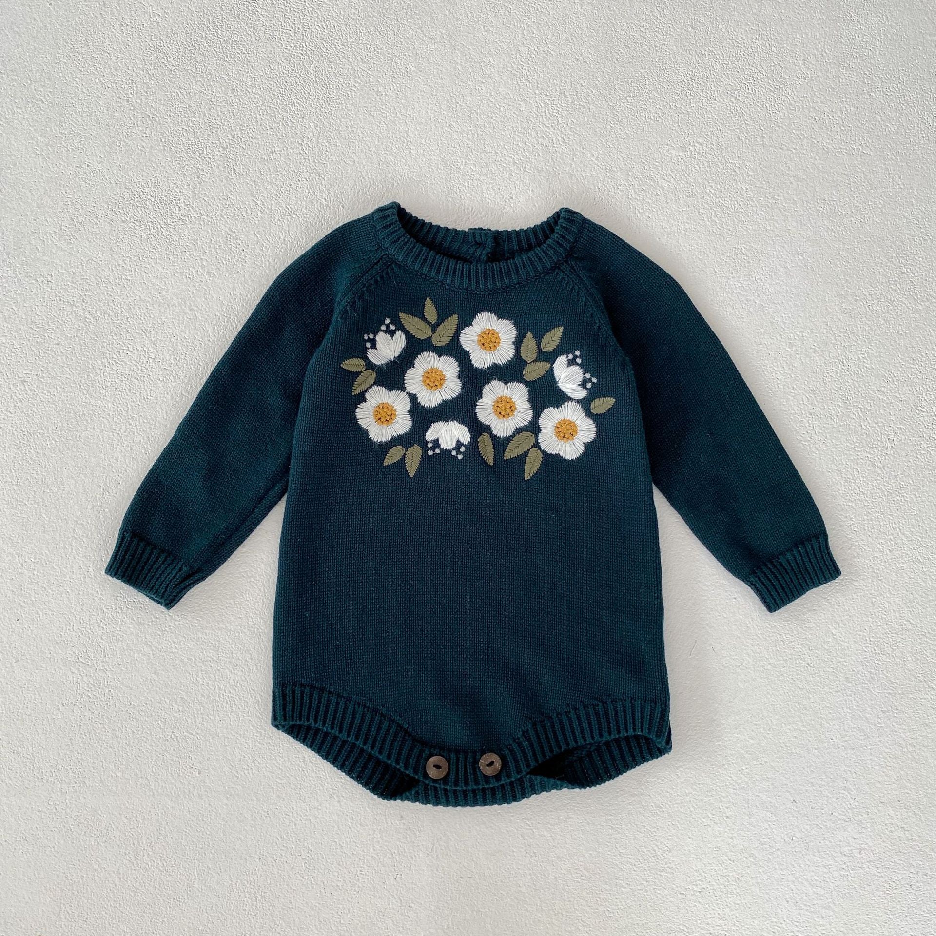 Baby Girl Dark Green Embroidered Long-Sleeve Romper