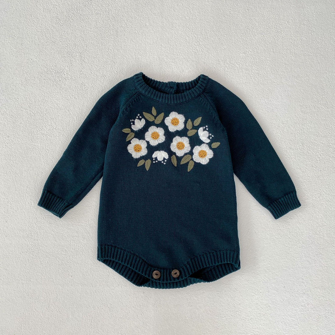 Baby Girl Dark Green Embroidered Long-Sleeve Romper