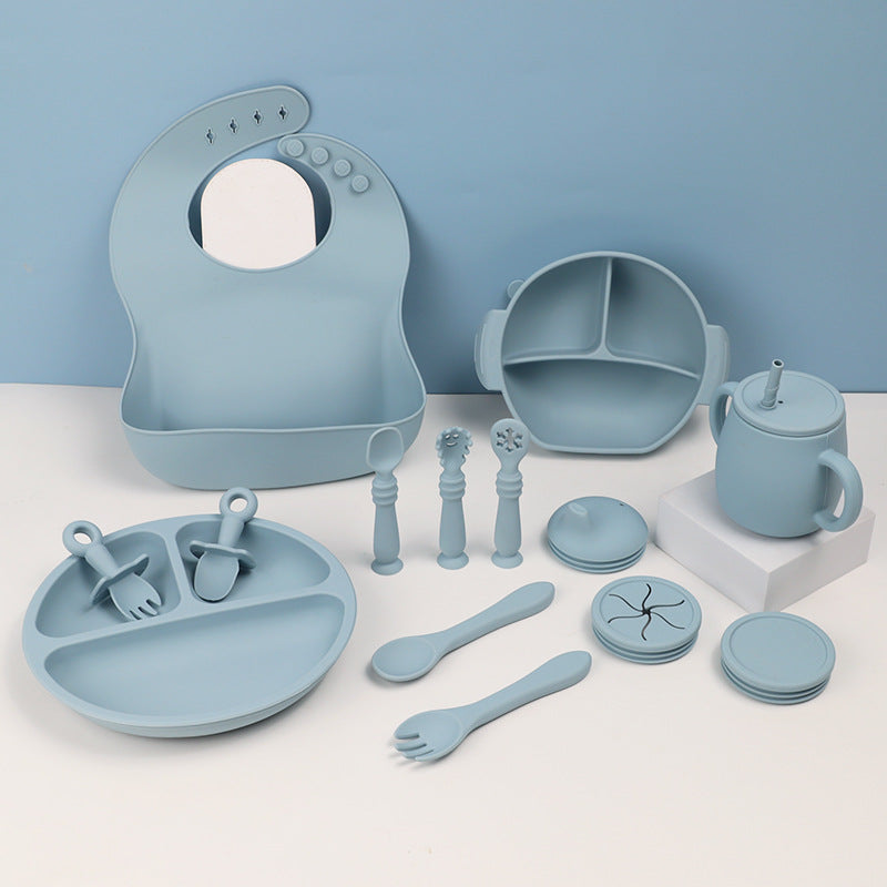 Silicone Baby Feeding Tableware Set With Bib Bowl Spoon Plate