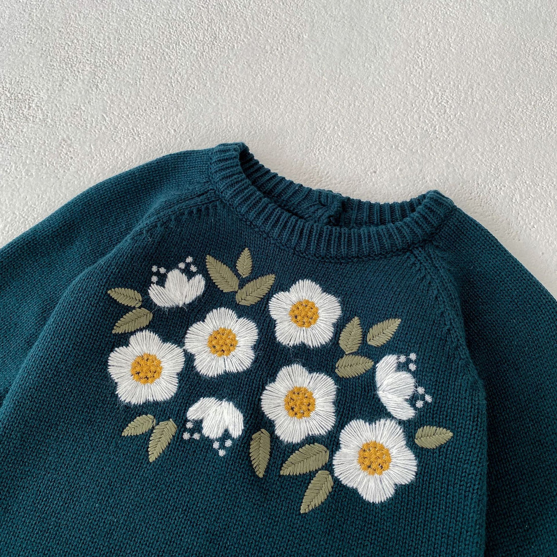 Baby Girl Dark Green Embroidered Long-Sleeve Romper