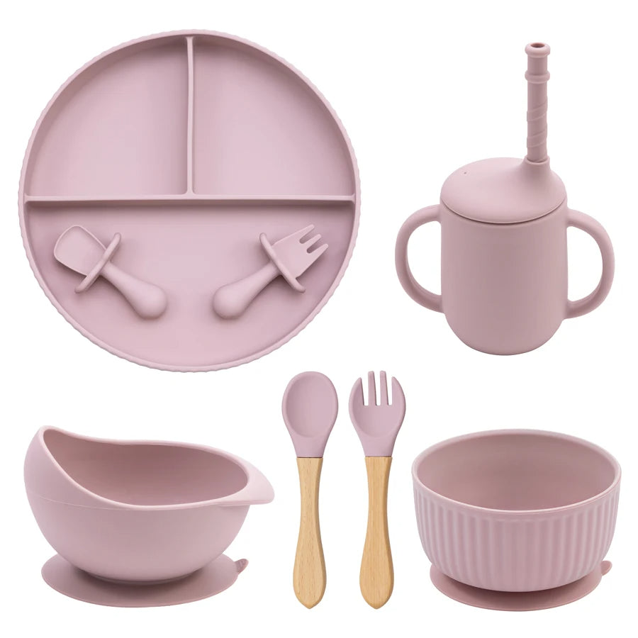 Baby Silicone Feeding Set Non-Slip Suction Plate Bowl Cup With Utensils