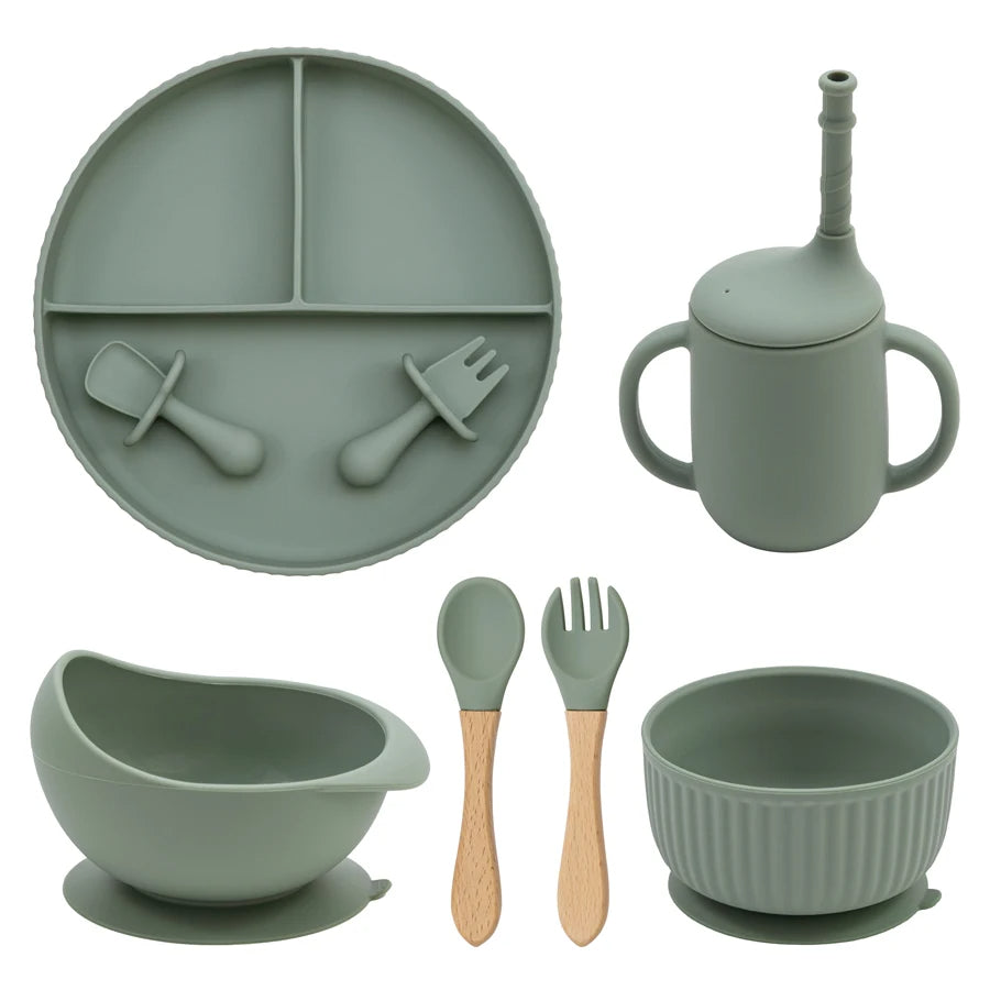 Baby Silicone Feeding Set Non-Slip Suction Plate Bowl Cup With Utensils