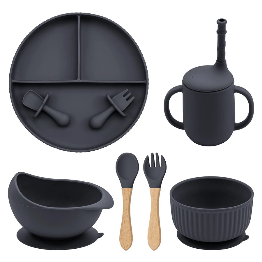 Baby Silicone Feeding Set Non-Slip Suction Plate Bowl Cup With Utensils