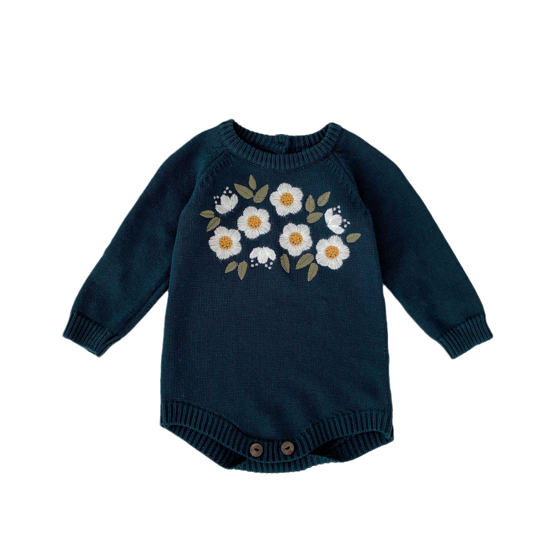 Baby Girl Dark Green Embroidered Long-Sleeve Romper