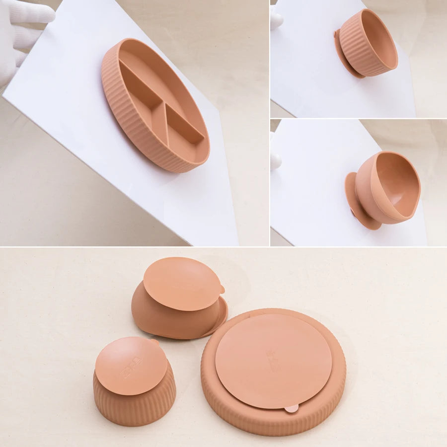 Baby Silicone Feeding Set Non-Slip Suction Plate Bowl Cup With Utensils