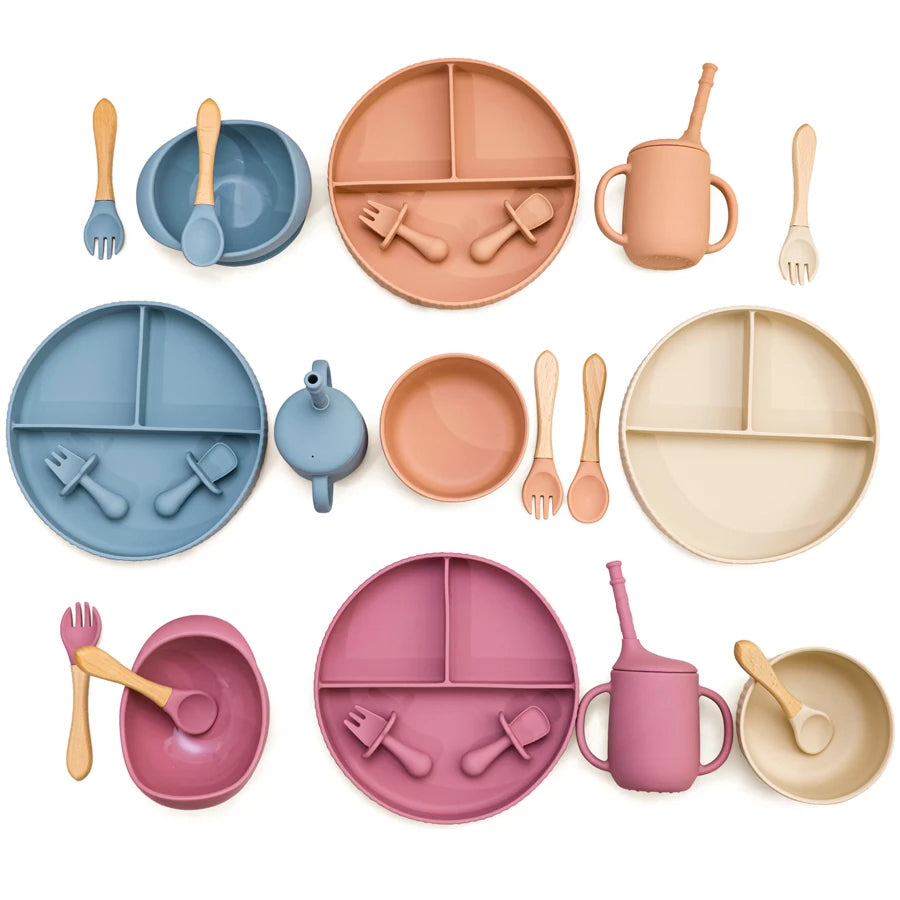 Baby Silicone Feeding Set Non-Slip Suction Plate Bowl Cup With Utensils