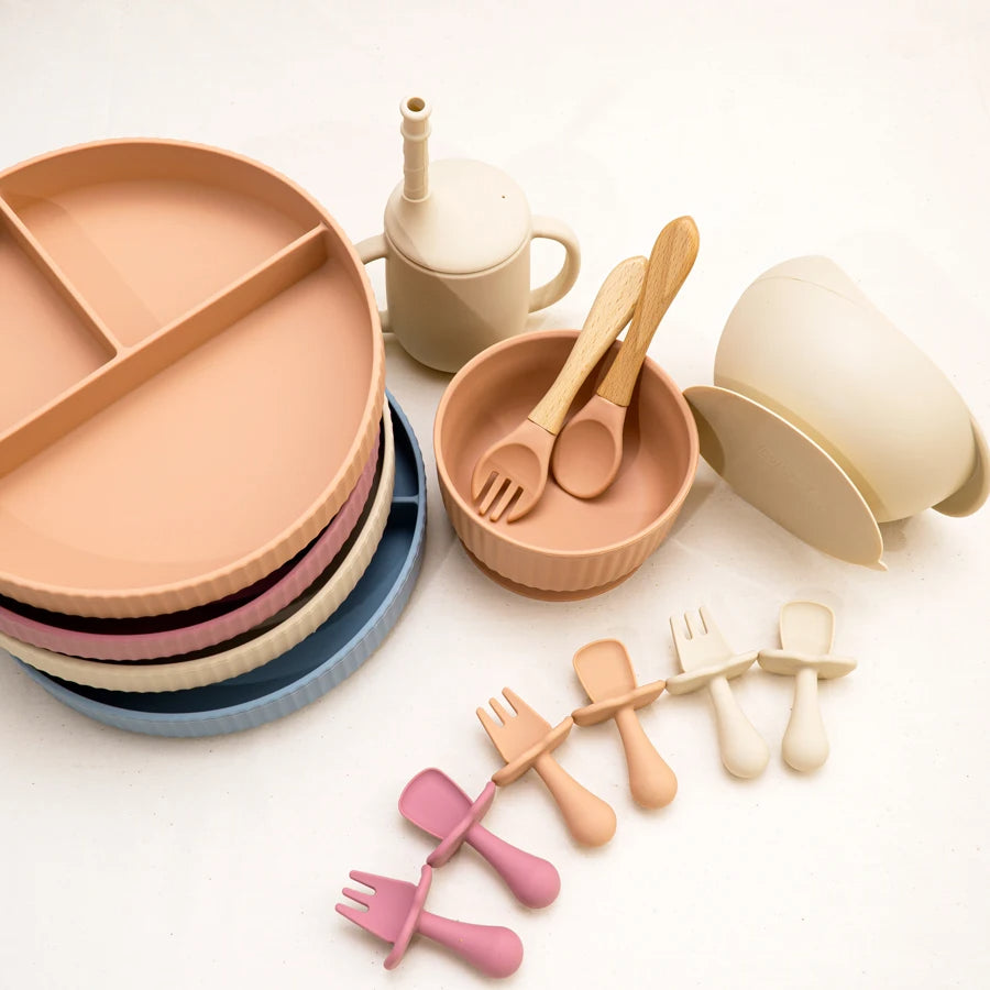 Baby Silicone Feeding Set Non-Slip Suction Plate Bowl Cup With Utensils