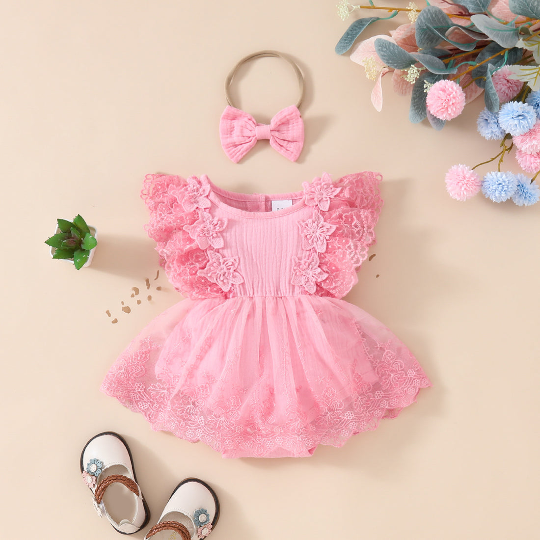 Summer Baby Girl Sleeveless Lace Romper Floral Mesh Dress