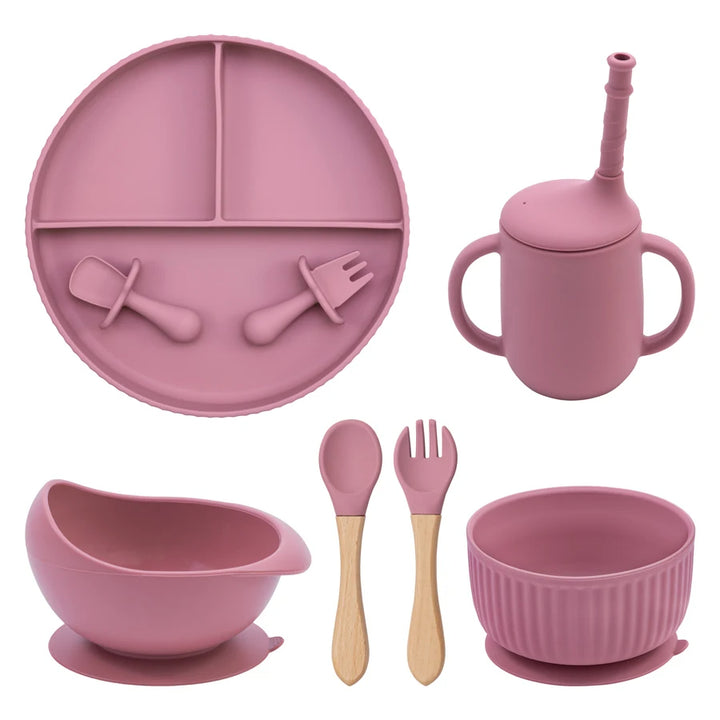 Baby Silicone Feeding Set Non-Slip Suction Plate Bowl Cup With Utensils