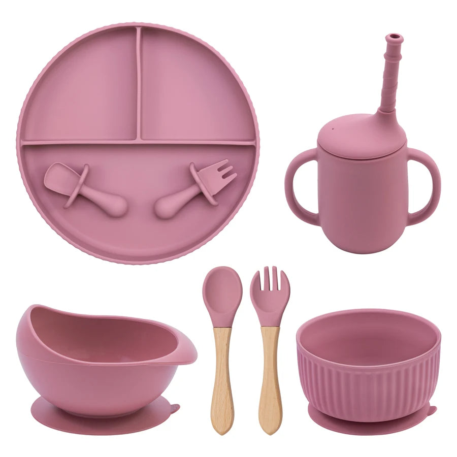 Baby Silicone Feeding Set Non-Slip Suction Plate Bowl Cup With Utensils