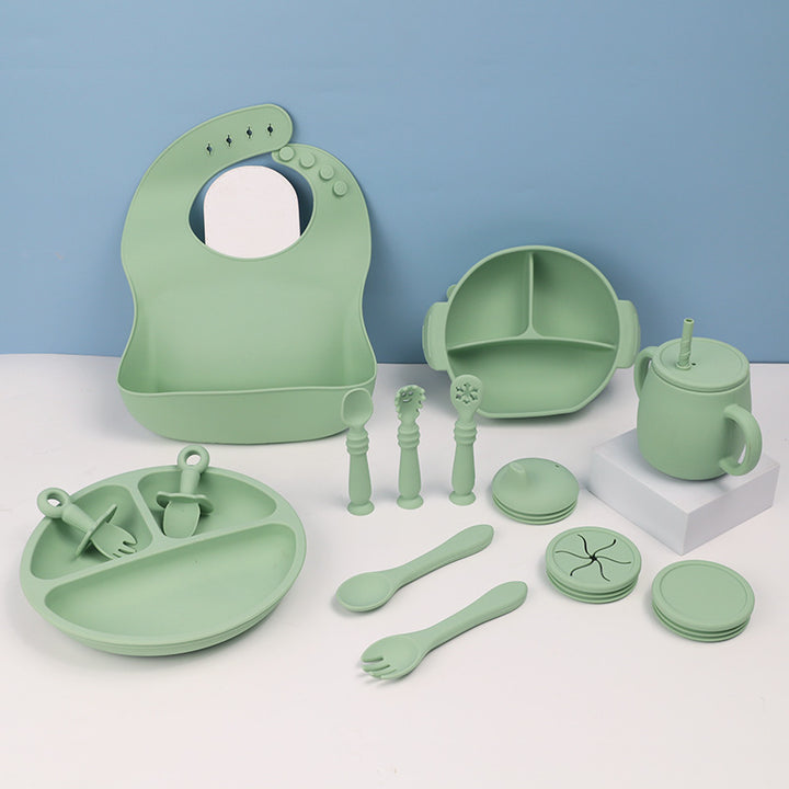 Silicone Baby Feeding Tableware Set With Bib Bowl Spoon Plate