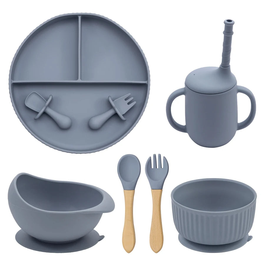 Baby Silicone Feeding Set Non-Slip Suction Plate Bowl Cup With Utensils