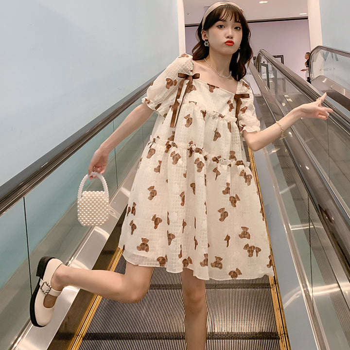 Maternity Dress Thin Chiffon Print Loose Dress Mid-length Maternity Dress