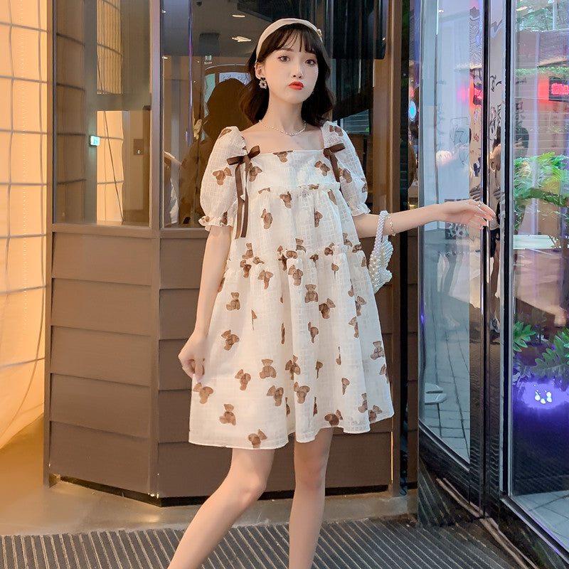 Maternity Dress Thin Chiffon Print Loose Dress Mid-length Maternity Dress